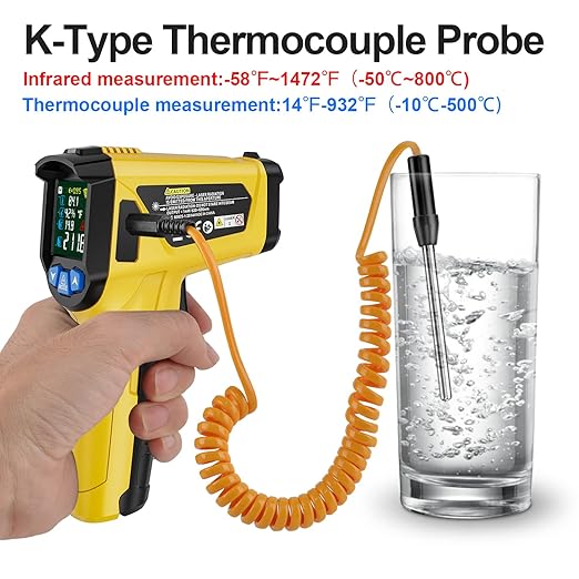 MESTEK Infrared Thermometer Temperature Gun, Non-Contact Digital Laser Thermometer with Probe for Cooking, Home and Industry Repair, Humidity Measurement, Adjustable Emissivity -58°F to 1472°F