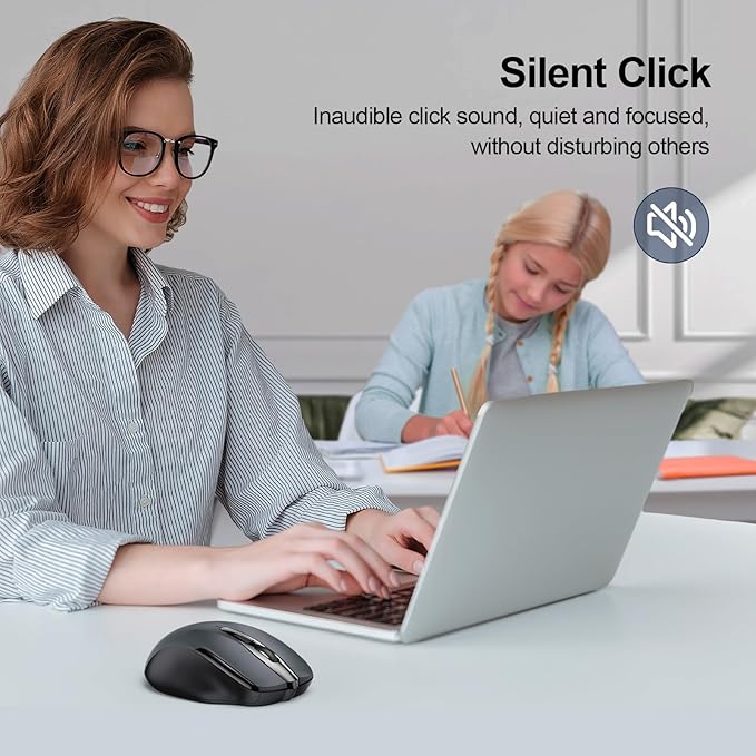 TECKNET Wireless Mouse (2.4G & BT5.0/3.0) Silent 4800 DPI Computer USB A & Bluetooth Mouse 6 Buttons, Wide Compatibility - Grey