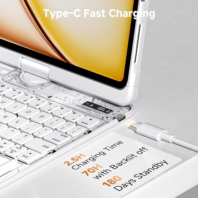 iPad Keyboard Case for 2024 M4 iPad Pro 13 inch, Magic Wireless Keyboard with Trackpad 7 Color Backlit, 360° Rotating Stand Transparent Protective Cover with Pencil Holder (White)