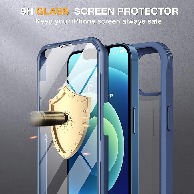 Miracase Glass Series for iPhone 12/12 Pro Case 6.1 inch, Upgraded Full-Body Rugged Phone Bumper Case Cover with Built-in 9H Tempered Glass Screen Protector and Camera Protector, Blue