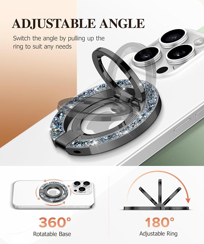 GVIEWIN Magnetic Phone Ring Holder, Compatible with MagSafe Phone Grip with Adjustable Stand, Magnet Phone Ring Kickstand for iPhone 16 Pro Max/Plus/15/14/13/12 Series/Other Phones (Glitter/Black)
