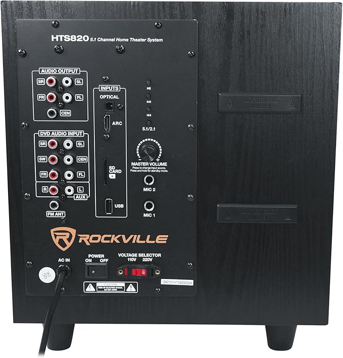 Rockville HTS820 1500W 5.1 Channel Home Theater System with 8" Subwoofer, Bluetooth, USB, Includes Remote and Speaker Mounts - Perfect for Movies, Music, Karaoke