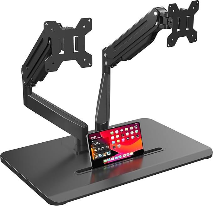 suptek Dual Monitor Mount Gas Spring Monitor Arm Desk Stand with Base,Free Standing Pneumatic Height Adjustable Monitor Stand for 17 to 32 inch,Holds up to 22 lbs,Black(ML8SP)