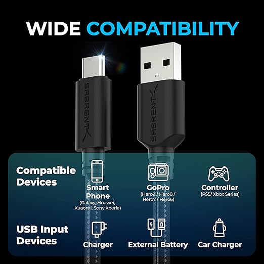 SABRENT [3-Pack 22AWG Premium 3ft USB-C to USB A 3.0 Sync and Charge Cables [Black] (CB-C3X3)