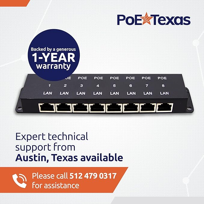PoE Texas 8 Port Injector - 10/100 Passive Power Over Ethernet With 48V 60W UL Power Supply - 802.3af for VoIP Phones, WiFi Access Points, IP Cameras - Add to A Non-PoE Switch