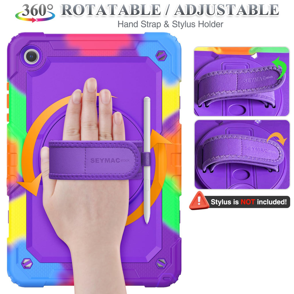 SEYMAC stock Case for Samsung Galaxy Tab A11+ Plus/A9+ Plus 11'', Full-Body Drop Protection Case with Screen Protector Pencil Holder [360° Rotating Hand Strap] &Stand, Purple+Colorful
