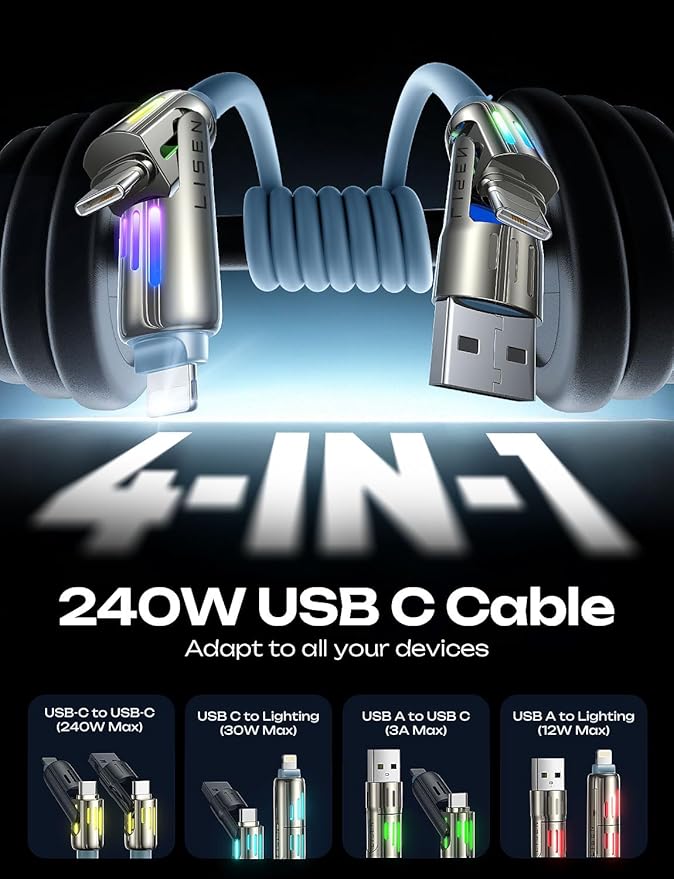 LISEN iPhone Cords Fast Charging 6 FT, 4 in 1 Charging Cable with Light, Chubby USB A/C to C/L Multi Charging Cable for iPhone 16 15 14 Pro Max/MacBook/iPad Pro/SamSungS25, Sky Blue iPhone Cord