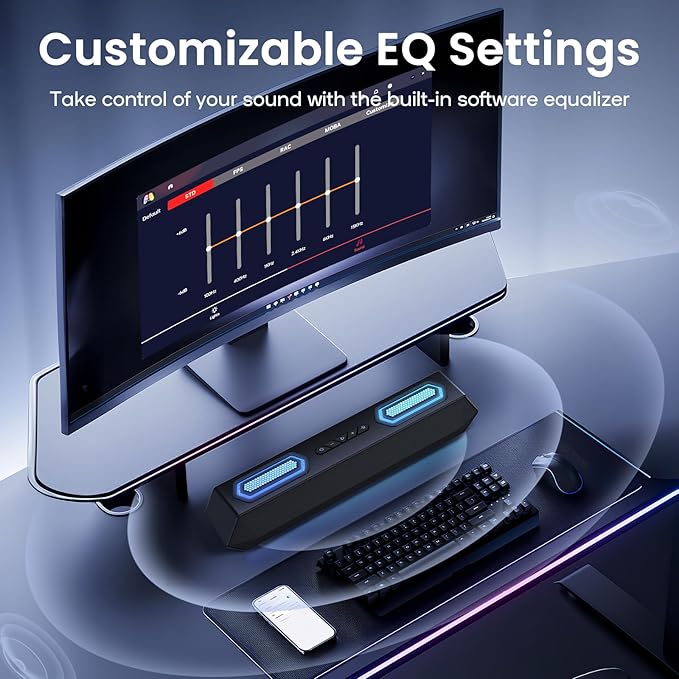 Deeyaple Computer Speakers, 40W Wireless Soundbar for Desktop PC with Bluetooth 5.3 & USB Audio, Dynamic RGB Lighting, Software Custom EQ, External Power Adapter Gaming Speakers, Laptop, Xbox (Black)