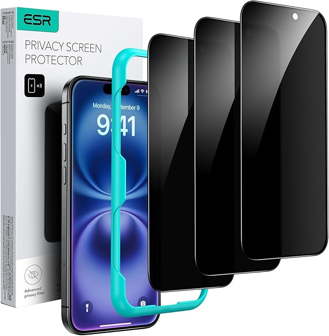 ESR 3 Pack for iPhone 16 / iPhone 15 Privacy Screen Protector, Anti-spy Tempered-Glass Privacy Screen Protector with Easy Installation Tool, Micro-Curved Edges, Case Friendly