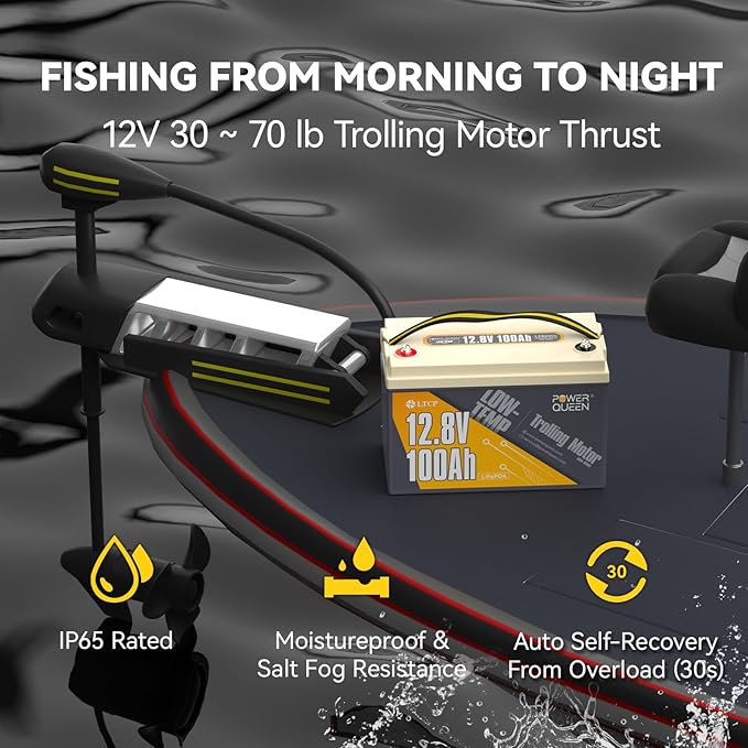Power Queen 12.8V 100Ah Low-Temp LiFePO4 Battery with 12V40A Charger, Low Temperature Protection, Built-in 100A BMS, Grade A Battery Cell, Up to 15000+ Cycles, Perfect for Trolling Motor, Marine, RV