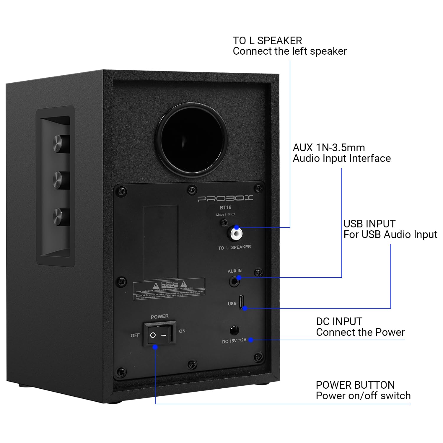 Probox Powered Bookshelf Speakers HiFi Computer Gaming Monitors with Bluetooth 5.3 & 24-Bit USB DAC Stereo Speaker PC Speakers 3.5" Woofer,1" Silk Dome Tweeter, Adjustable Bass/Treble BT16-Black