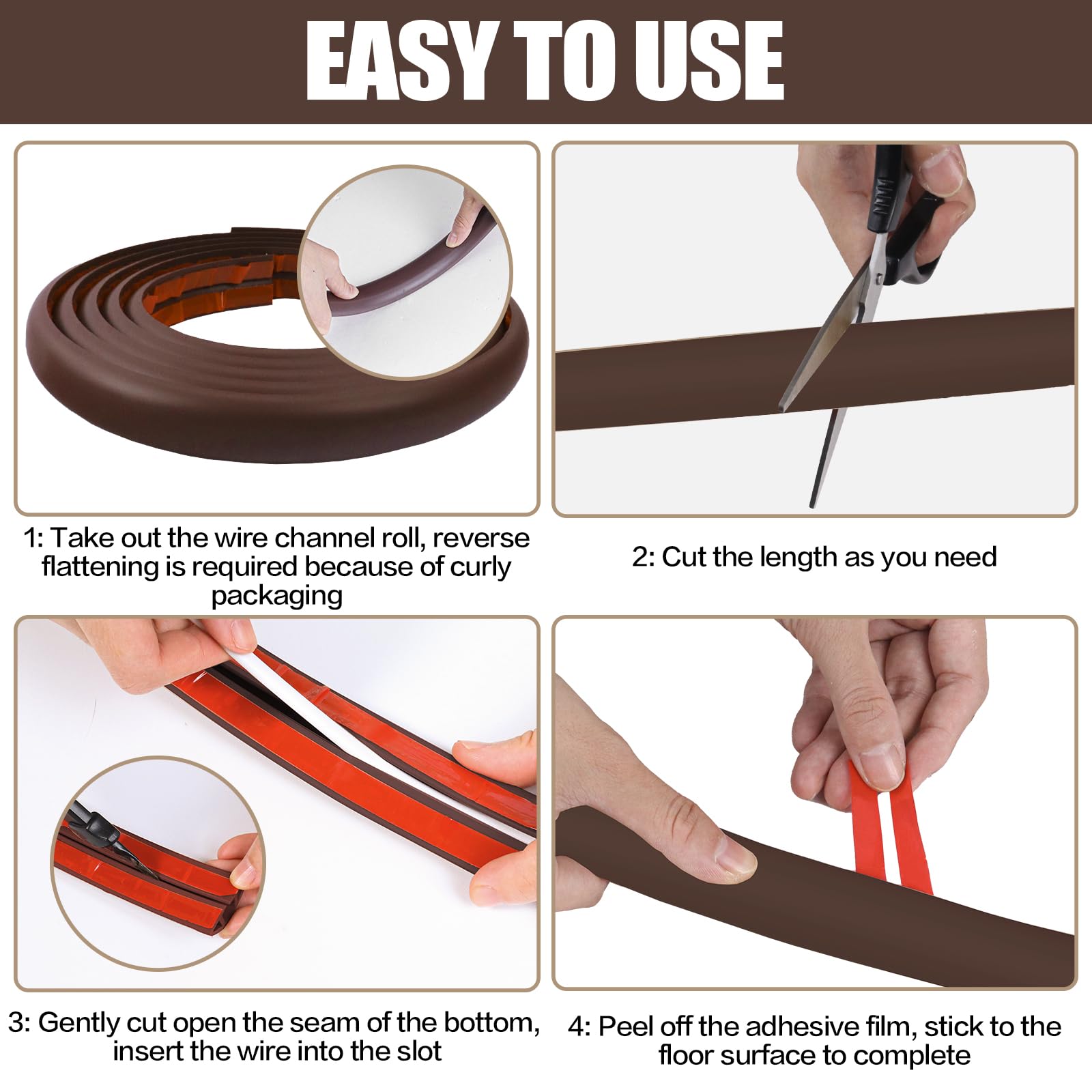 Floor Cord Cover Self Adhesive Cord Hider,3.3FT Cable Management, Extension Strip Protector for Wires, Prevent Cable Trips for Offices, Gyms, Exhibitions Cavity:0.51"(W) x 0.3"(H) Coffee