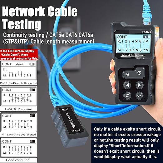 NF-8209 Network Cable Tester for POE Test/CAT5e/CAT6/CAT6a LAN Ethernet Wire Tracer,Detect Voltage Measure Fault Distance by TDR,Telephone Line Continuity Testing and Length Measurement