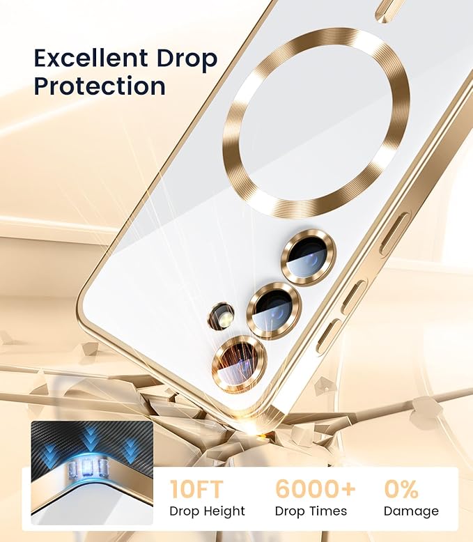 Slim Thin for Samsung Galaxy S25 Case, Compatible with MagSafe, Built-in Camera Lens Protector, Shockproof Protective Phone Case, Soft Electroplated Clear Phone Cover, Gold