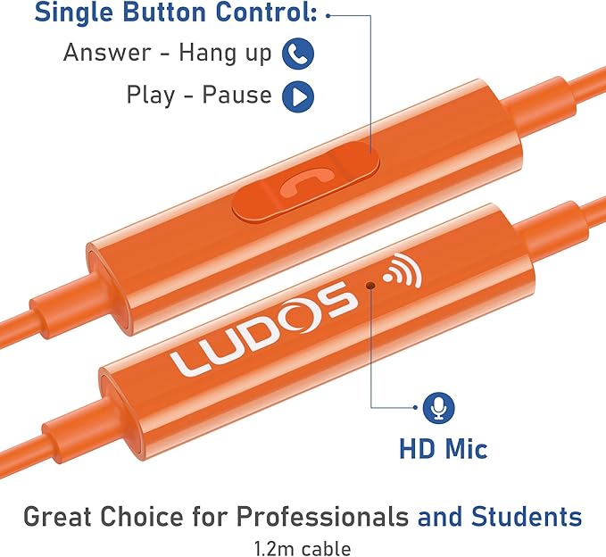 LUDOS OMNITONE USB C Headphones for iPhone 16 15 Pro Max Plus iPad Pro, 5 Years Warranty, USB-C Earbuds for Samsung Galaxy S24 S23 S22 S21 S20 A55 A54 A53, USB Type C Earphones - Orange