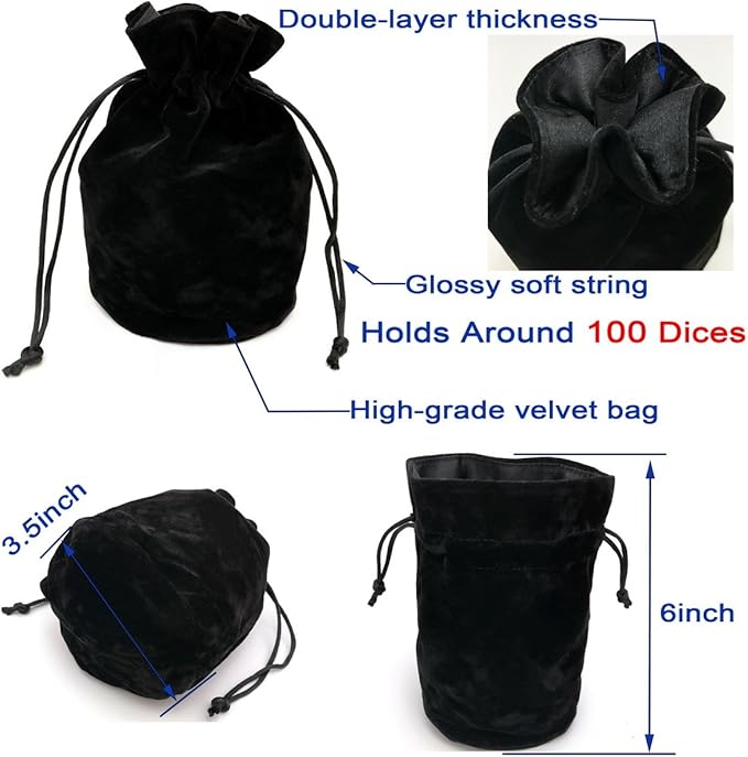 5 Sets New Black Polyhedral Dice with Satin-Lined Velvet Bag for Dungeons and Dragons DND RPG MTG D20 D12 D10 D8 D6 D4