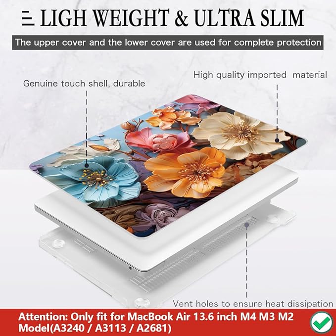 CISSOOK for MacBook Air 13 inch M2 M3 M4 Case 2022 2023 2024 2025 Release, Flower Hard Shell Cases with Keyboard Cover OTG Adapter for MacBook Air 13.6 inch A3240 M3113 A2681