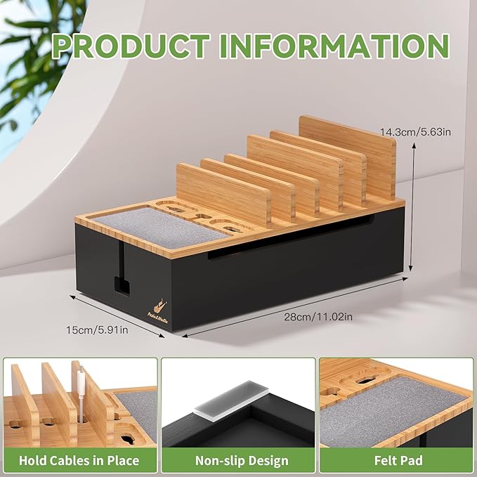 Pezin & Hulin Cord Organizer Box, Surge Protector Organizer, Device Charger Station for Phones & Tablets, Wood Charging Dock -with 6 Wire Cables, BUT NO Power Supply - Natural + Black