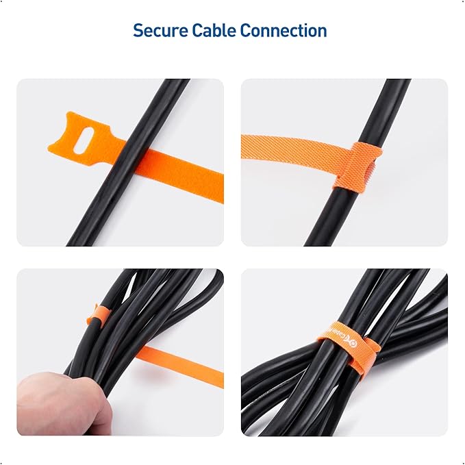 Cable Matters 100-Pack 8-inch Hook-and-Loop Reusable Wire Ties/Cable Ties with 42 lbs Tensile Strength - Multi-Color Black, Blue, and Orange Cord Wrap, ZipTies, Cable Management Straps