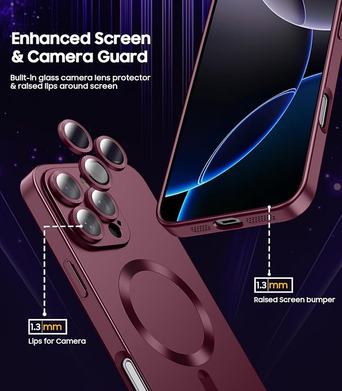 Magnetic for iPhone 16 Pro Max Case [Compatible with MagSafe][Built-in Camera Lens Protector] Slim Soft Silicone Bumper Shockproof Metallic Luster Phone Case (Burgundy)