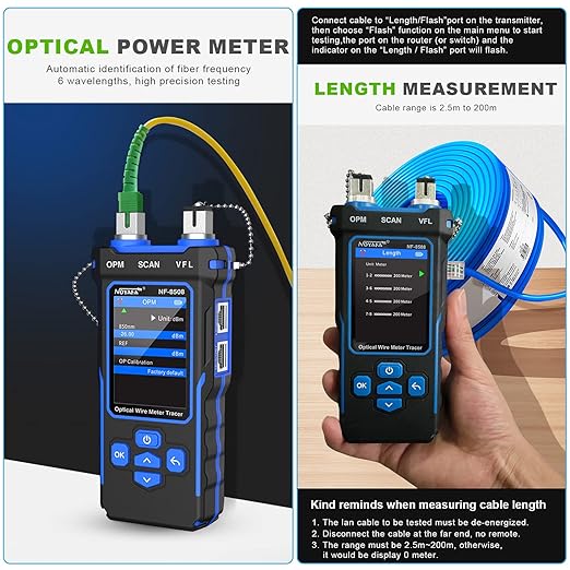 NOYAFA NF-8508 Network Cable Tester with Optical Power Meter, CAT5 CAT6 Cable Toner Ethernet Cable Tester, RJ45 Network Tester, VFL PoE QC Test Wire Tracer Port Flashing 200M Length Test