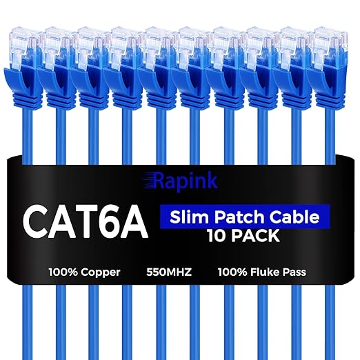 Rapink Patch Cables Cat6a 1ft (10 Pack) Slim, Cat6a Ethernet Patch Cable 10G Support, Snagless Cat 6 Patch Cable for Patch Panel to Switch, Flexiable Cat 6a Ethernet Cable with Gold Plated