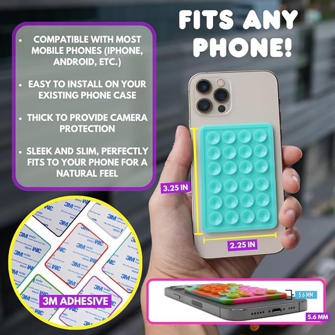Suction Phone Case Mount, Sillicon Adhesive Phone Accessory for iPhone and Android, Hands-Free Fidget Toy Mirror Shower Phone Holder, Tiktok Videos and Selfies (Rainbow)