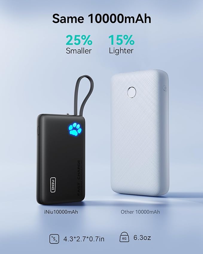 INIU Portable Charger, Slim 10000mAh Power Bank with Build in USB-C Cable, 20W Fast Charging Small Phone Charger, Flight Cruise Ship Trip Accessories Essentials for College Student Teen Boy Girl, Blue