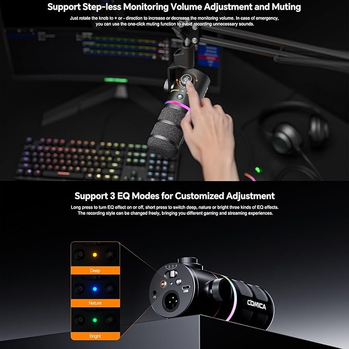 COMICA D10 Pro D Wireless/XLR/USB Dynamic Microphone with Receiver Desktop Stand- Dual Channel Cardioid Mic, 45H Battery, RGB Lights, CalMix Denoise for Gaming/Streaming/PD(PC, PS4/5, Mac,Phone-White