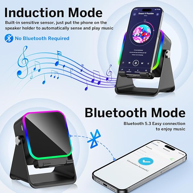 Wireless Induction Speaker 5-in-1 Bluetooth Speaker with Phone Stand,Stereo Sound, 3500mAh Rechargeable, 8 RGB Ambient Light, 360° Adjustable Holder for iPhone/Android/iPad,Gifts for Men Women (Black)