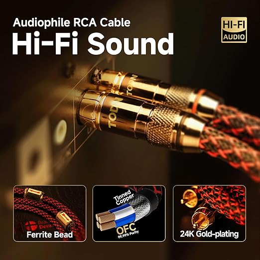 TODN Shielded RCA Audio Cables Audiophile 2Male to 2Male OFC RCA Stereo Cable for Car Audio, HiFi Systems (9.8ft/3m, 1 Pair)