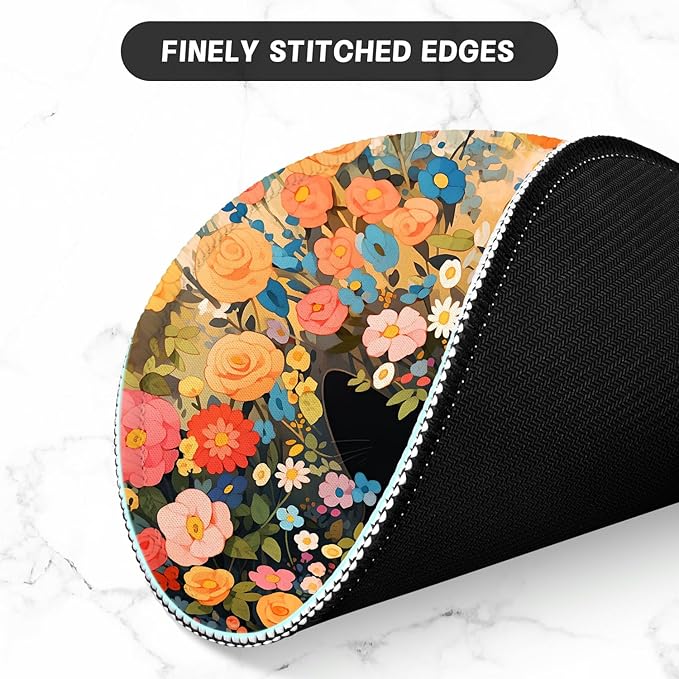 ITNRSIIET Round Mouse Pad with Stitched Edge Premium-Textured Waterproof Non-Slip Rubber Base Desktop Protection Mat Diameter 8.7 inches, Flower Cat