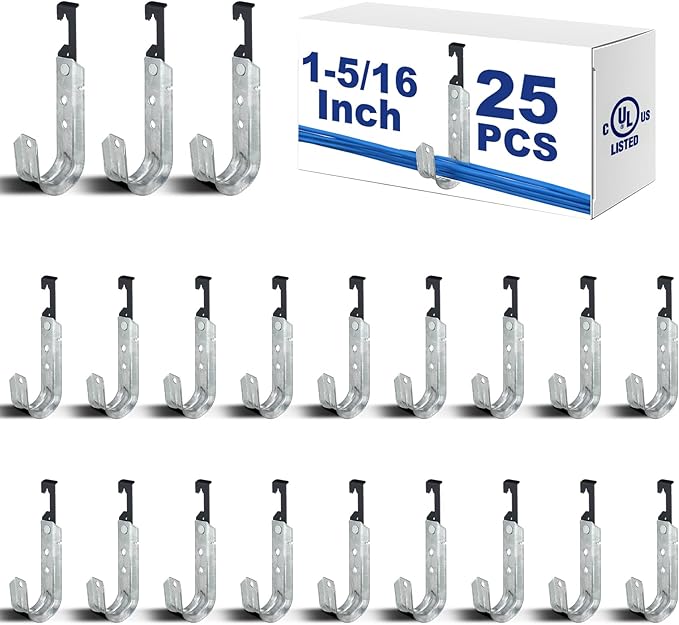 Zonon 25 Pcs J Hooks for Hanging Metal J Hook Hangers Cable Support with Bat Wing Heavy Duty G60 Galvanized Steel Cable Hooks for Attaching Ceiling Wire Threaded Rod, Ul Certification(1-5/16 Inch)