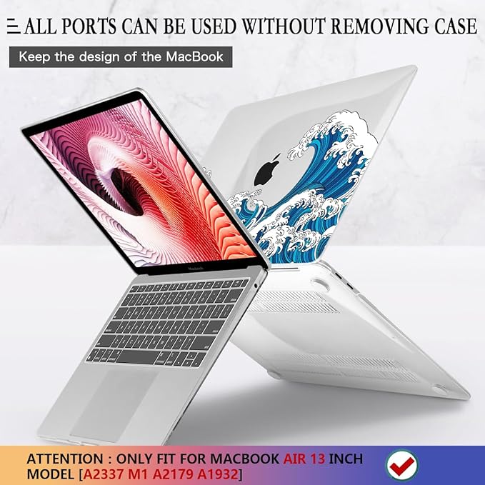 CISSOOK Wave Case for MacBook Air 13 inch Case 2021 2020 2019 2018 Release, Ocean Hard Shell Cover for MacBook Air 13'' with Touch ID A2337 M1 A2179 A1932 Model with Keyboard Cover + Screen Protector