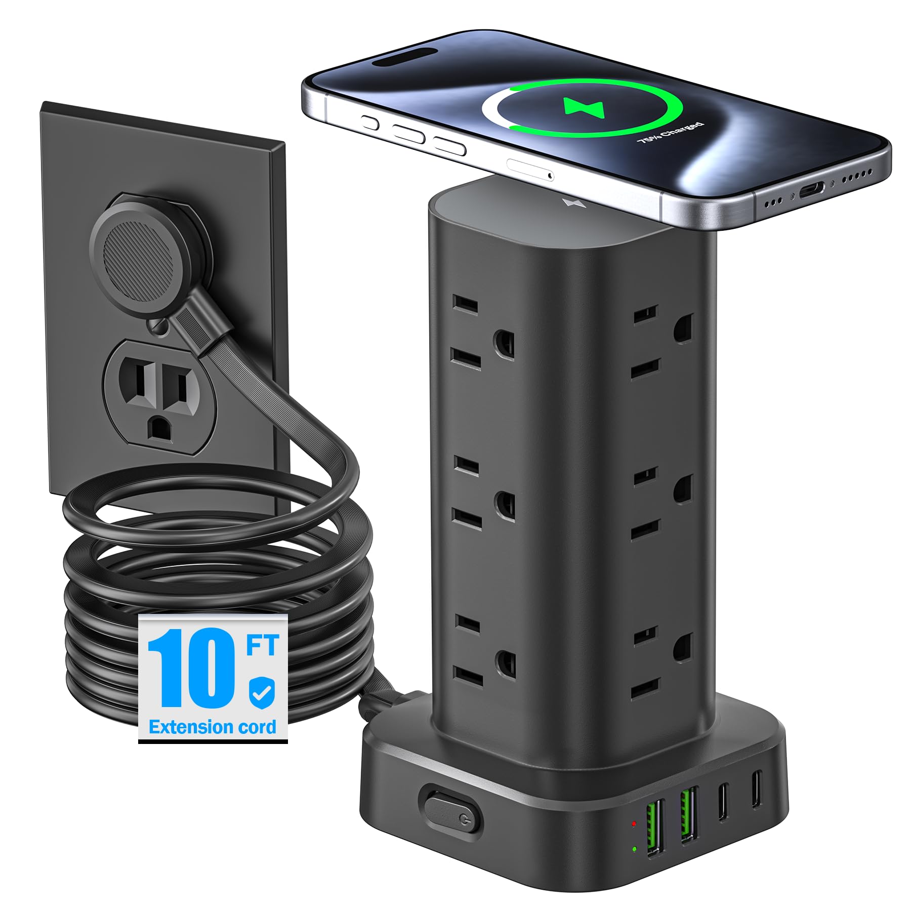 Tower Power Strip with 15W Wireless Charger, 10FT Flat Plug Extension Cord with Multiple Outlets, 12 AC Outlets, 4 USB Ports (2 USB C) Charging Station Surge Protector for Office Home Dorm Room(Black)