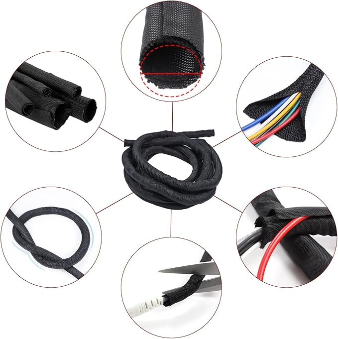 Black Braided Cable Management Sleeves Wire Loom Tubing Cord Protector Self-Wrapping (3/8"-30Feet)