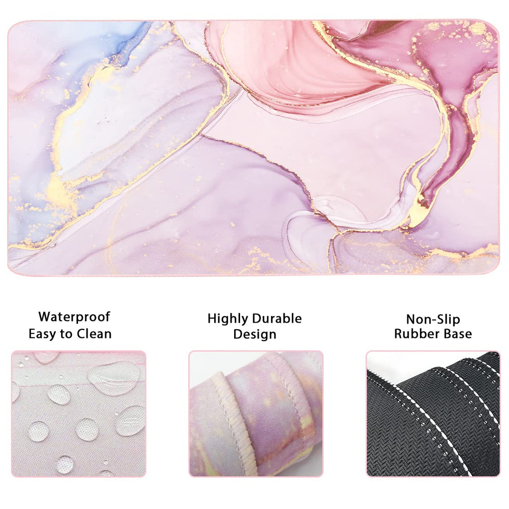 Keyboard Mouse Pad Set, Extended Mouse Pad+Keyboard Wrist Rest Support, Memory Foam Ergonomic Easy Typing, 3Pcs (35.4×15.7 in) Desk Pad Set for Home Office Study Game- Pink Marble