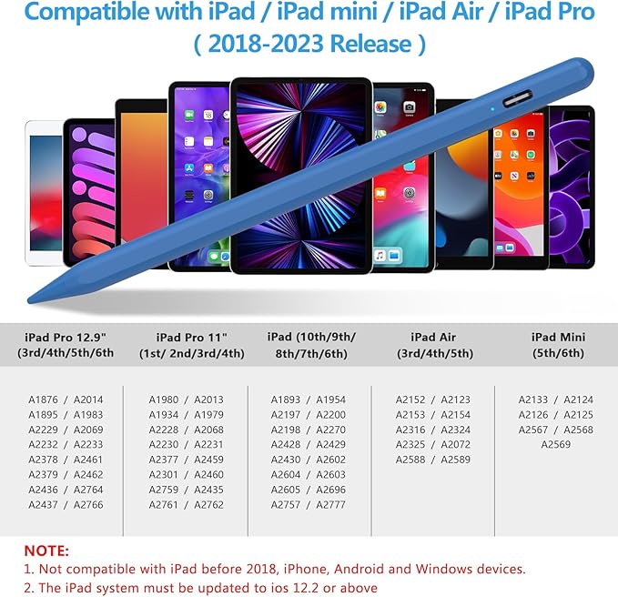 Stylus Pen for iPad 2018-2023 with Palm Rejection, Active Pencil for iPad 10th/9th/8th/7th/6th Gen, for iPad Pro 11/12.9 inch, for iPad Air 5th/4th/3th Gen, for iPad mini 6th/5th Gen (Navy Blue)