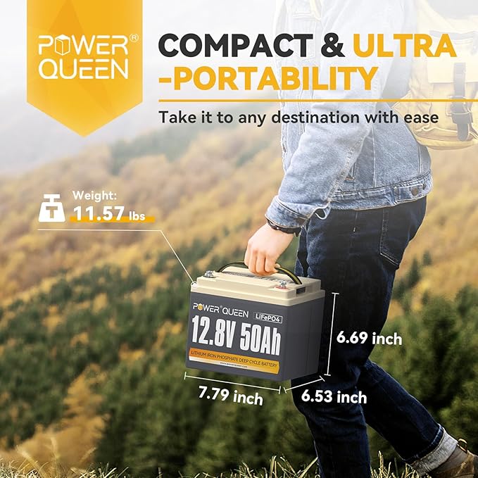 Power Queen 12.8V 50Ah LiFePO4 Battery with 14.6V 10A LiFePO4 Battery Charger; Built-in 50A BMS, Fast and Fully Charged, 15000+ Cycles, Perfect for Kayak, RV, Trailer, Solar Application