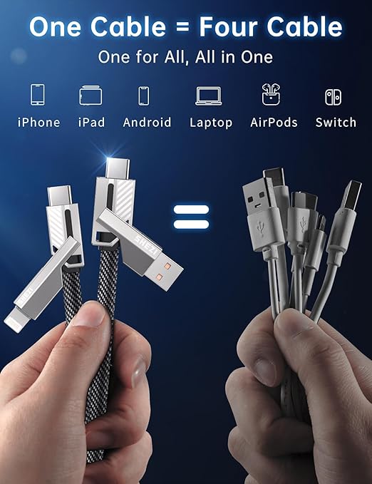 [One is Enough] 4-in-1 Compatible with USB C to Lightning Cable, 240W High-Speed Charging & Fast Data Transfer,CarPlay & Android Auto Support Multi Charger Cord Combo for iPhone/Samsung/iPad,5FT