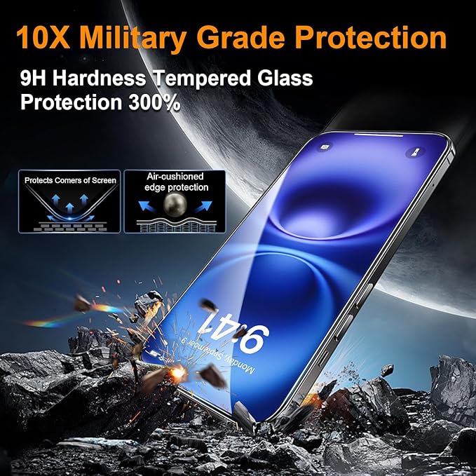 OneFish Screen Protector for iPhone 16 Plus,Airbag Edge Protection,9H Glass Scratch Resistant,HD Clarity Tempered Glass Film with Installation Frame,Easy Installation,2Pack.
