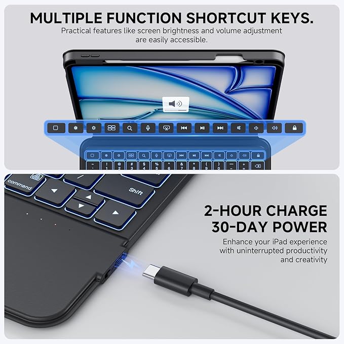 ONLY fit for 2024 M4 iPad Pro 11 inch Case with Keyboard Detachable Magic Keyboard Trackpad, 360 Rotating Cover with Pencil Holder Multi Angle Stand, 12 Shortcut Key, 7 Color Backlit, Black