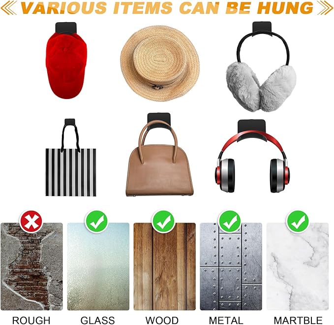 60 Pcs Headphone Wall Hangers Adhesive Gaming Headset Holder Hooks for Wall Mount Strong Universal Stand Hooks for Most Headphone Controller, Hat, Baseball Caps, Closet, Door