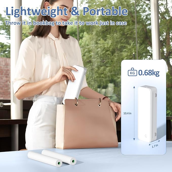 Inkless Portable Printer for Travel, Wireless Thermal Printer Supports 8.5 x 11 Inch US Letter Size, Bluetooth Machine Includes Carry Case and 3 Rolls of Thermal Paper Kit, White