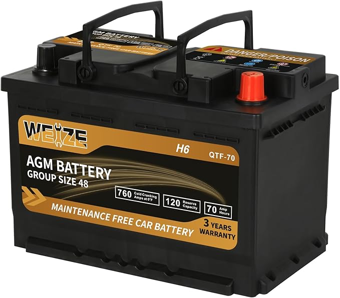 Weize Platinum AGM Battery BCI Group 48-12v 70ah H6 Size 48 Automotive Battery, 120RC, 760CCA, 36 Months Warranty, Dimensions 10.94" L x 6.89" W x 7.48" H