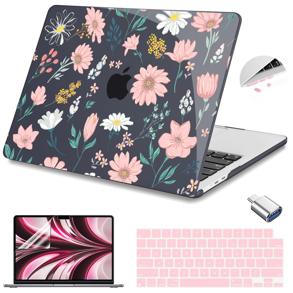 Teryeefi for MacBook Air M4 M3 M2 13 inch Case fits Model A3240 A3113 A2681, Hard Shell for MacBook Air 13.6" 2022-2025 Released with Keyboard Cover+Screen Protector+Type C Adapter, Petal and Flowers