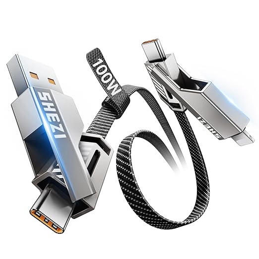 4-in-1 USB C Cable 100W 3FT Compatible with Lightning Cable [Fast Charging & Data Transfer] Flat Nylon Braided for iPhone iPad Charger Cord, Multi Charge Wire Combo with L/Type C/USB A Port