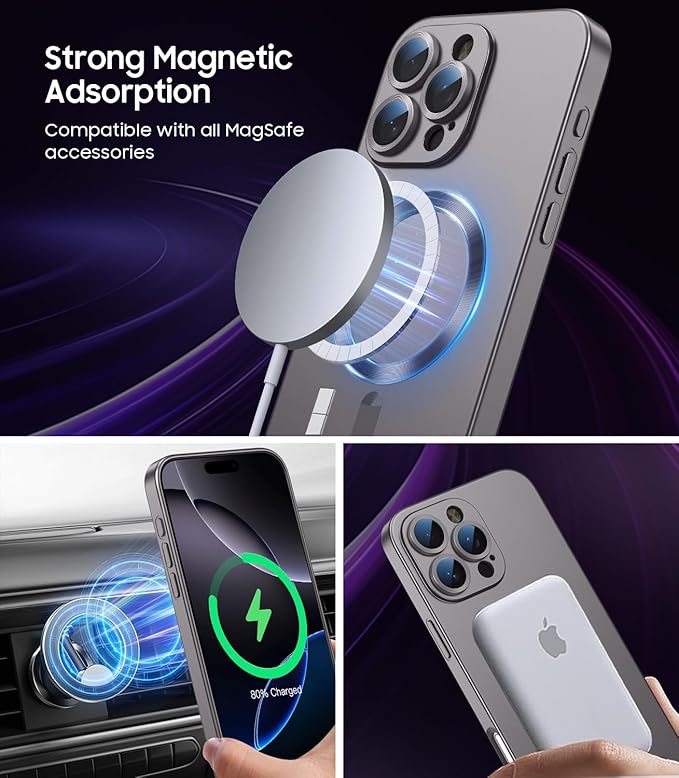 Magnetic for iPhone 16 Pro Case [Compatible with MagSafe][Built-in Camera Lens Protector] Slim Soft Silicone Bumper Shockproof Metallic Phone Case (Titanium Gray)