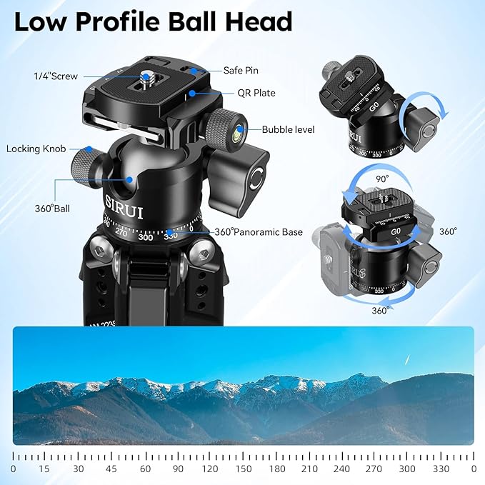 SIRUI AM-223S+G0 Carbon Fiber Desktop Tripod – Ultra-Light 1.7lbs, Max Height 16.7", 360° Panoramic Ball Head, Heavy-Duty Support to 33.07lb for DSLR & Mirrorless Cameras