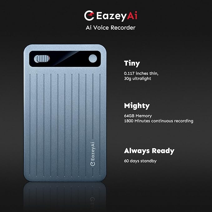 AI Voice Recorder, Transcribe & Summarize with AI Technology, Note Voice Recorder with App Control, Support 140 Languages, 64GB Memory, Audio Recorder for Lectures, Meetings, Calls(Blue)